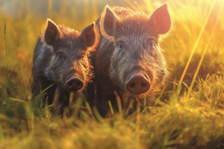 Two wild boars on the meadow, generative aiの素材