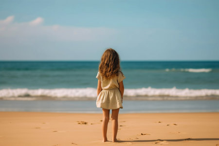 The little one girl on the beach looks at the sea water, generative aiの素材