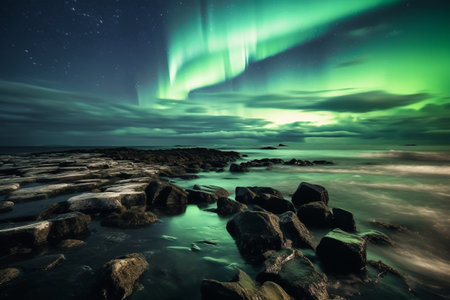 Big aurora borealis by the sea with stony shore, generative aiの素材