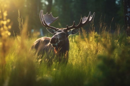 Bull moose in tall grass backlit by the sun, generative aiの素材