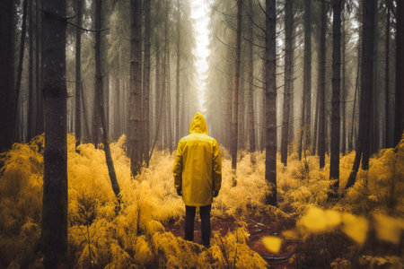 Single man in a yellow jacket stands in a creepy forest, generative aiの素材