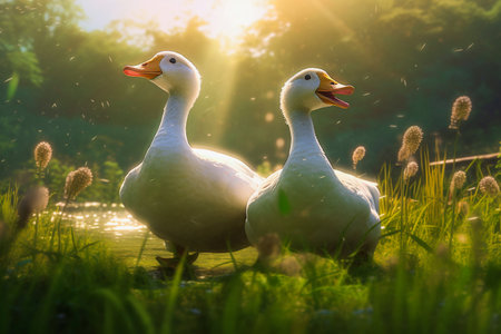 Two white geese in the green grass, generative aiの素材