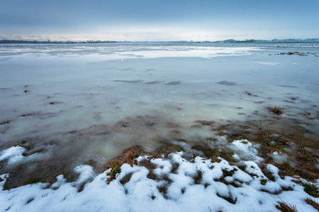 Melting snow with ice on the meadow, Czulczyce, Polandの写真素材