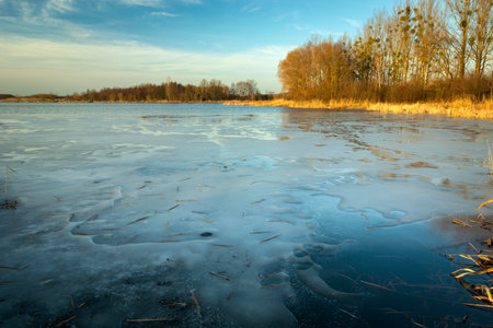 Melting ice on the lake, Stankow, Polandの写真素材
