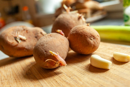 Sprouting potatoes and garlic on a kitchen wooden boardの写真素材