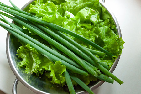 Green chives and lettuce in a metal colander, top viewの写真素材