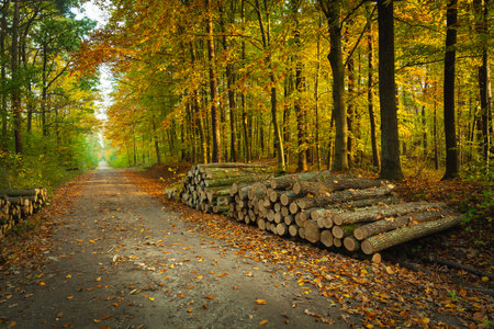 A pile of wood by a dirt road in an autumn forest, Nowiny, eastern Polandの写真素材
