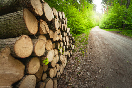 Close-up of a pile of wood by a dirt road in a spring forest, eastern Poland