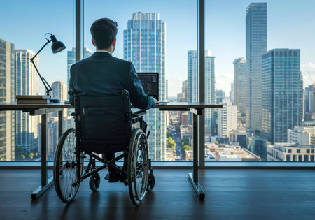 A young man sits in a wheelchair in front of a computer desk in an big officeの素材