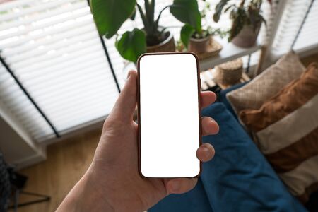 Working on mobile. Taking a picture. Phone in hand with white screen. Blur background. Mockup for mobile design. Close up.の写真素材