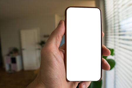 Working on mobile. Taking a picture. Phone in hand with white screen. Blur background. Mockup for mobile design. Close up.の写真素材