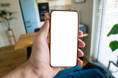 Working on mobile. Taking a picture. Phone in hand with white screen. Blur background. Mockup for mobile design. Close up.の写真素材