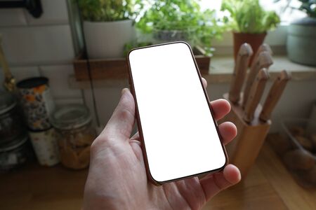 Working on mobile. Taking a picture. Phone in hand with white screen. Blur background. Mockup for mobile design. Close up.の写真素材