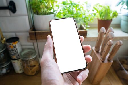 Working on mobile. Taking a picture. Phone in hand with white screen. Blur background. Mockup for mobile design. Close up.の写真素材