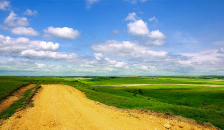 Panoramic view of the spring meadows and fields from a heightの写真素材