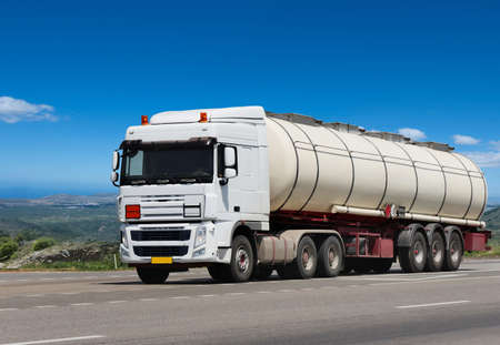 GREECE. ISLAND RODOS- June 16, 2013. Trailer tanker truck on the highway.. Greece, Rhodes  16.06.2013のeditorial素材