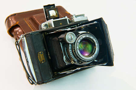 RUSSIA, ROSTOV-APERL 7,2017. A front view of the NICON. A 35mm film. The lens is Carl Zeiss. Produced in the late 30-early 40's . Photo camera photographed on white background. Not insulatedのeditorial素材