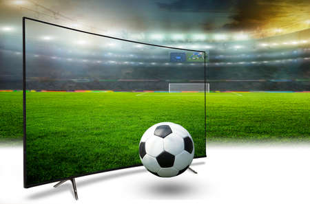 4k monitor watching smart tv translation of football game. Conceptの写真素材