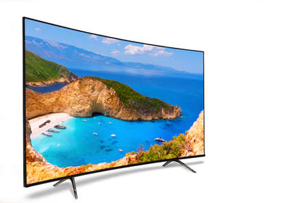 4k monitor isolated on white. Isometric view. TV, panoramic, isolated on white background. View of the bay of Navahio shipwreck, famous for its beauty throughout the world. island  Zakynthos Conceptの写真素材