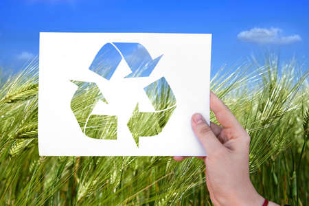 Ecology sign on white sheet on grass background in handの写真素材