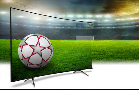 World Cup 2018. Football stadium in the evening with a TV screen and ball with the starsの写真素材