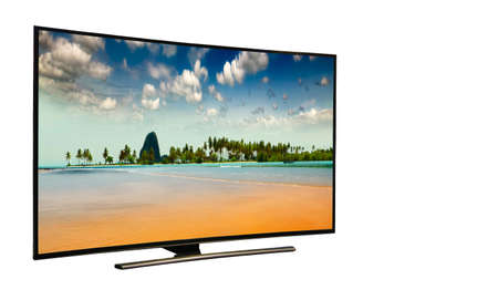 Black monitor with blank blue screen isolated on white background. monitor isolated on white.  Andaman Sea, Phuket Island. Thailand.Modern, elegant TV 4 K, with incredibly beautiful colors of the image .の写真素材