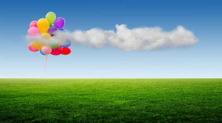beautiful landscape of green meadows on a background of blue sky clouds and balloonsの写真素材