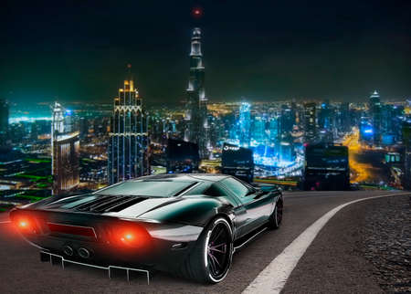 3d illustration. Sports car on our highway, against the backdrop of the night city.の写真素材