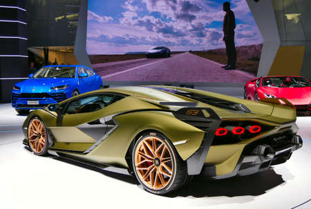 FRANKFURT, GERMANY - SEP 19.2019: Lamborghini Sian FKP 37 sports car unveiled at the Frankfurt IAA Motor Show 2019. - Imageのeditorial素材