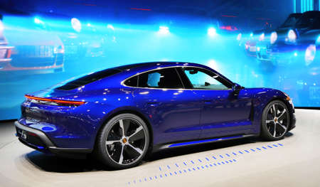FRANKFURT, GERMANY - SEP 11, 2019: New Porsche Taycan Turbo S sports car reveiled at the Frankfurt IAA Motor Show 2019. - Imageのeditorial素材
