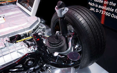 FRANKFURT, GERMANY - SEP 11, 2019:Car front suspension   reveiled at the Frankfurt IAA Motor Show 2019. - Imageのeditorial素材