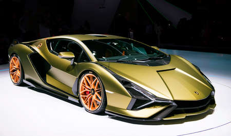 FRANKFURT, GERMANY - SEP 19.2019: Lamborghini Sian FKP 37 sports car unveiled at the Frankfurt IAA Motor Show 2019. - Imageのeditorial素材