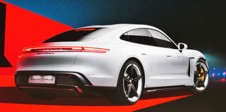 FRANKFURT, GERMANY - SEP 11, 2019: New Porsche Taycan Turbo S sports car reveiled at the Frankfurt IAA Motor Show 2019. - Imageのeditorial素材