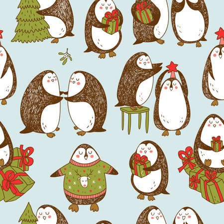 vector christmas seamless pattern with cute hand drawn penguinsのイラスト素材