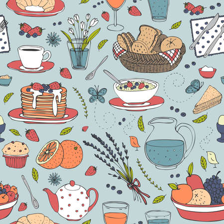 vector hand drawn seamless pattern with various cute breakfast itemsのイラスト素材