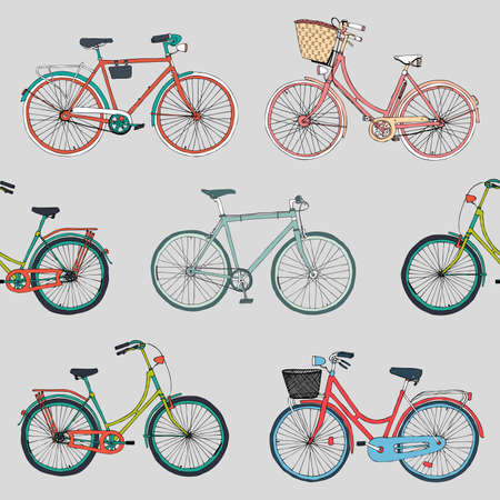 hand drawn vector seamless pattern with colorful city bikesのイラスト素材
