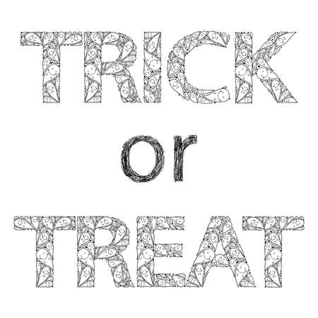 trick or treat happy hand drawn halloween postcard with spooks isolated on a white backgroundのイラスト素材