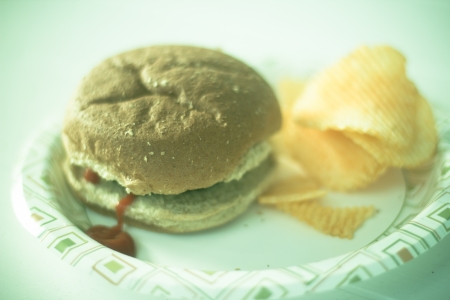 A hamburger with chipsの写真素材