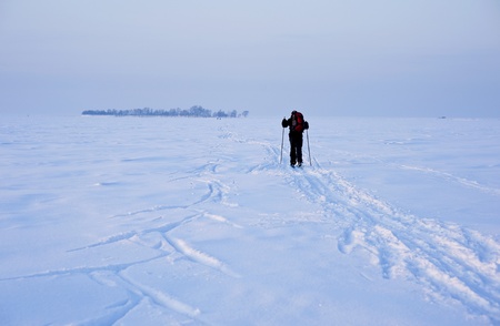 Cross-country skier in deep tracksの写真素材