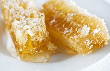 Honey combs with honey on the plateの写真素材
