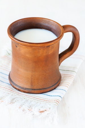 Milk in ceramic brown mugの写真素材