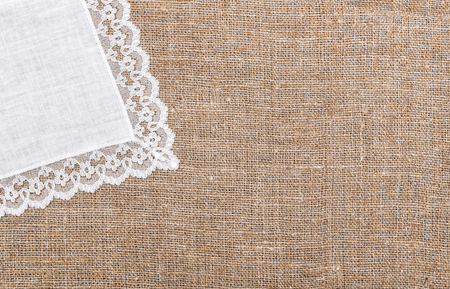 Burlap background and linen cloth with laceの写真素材