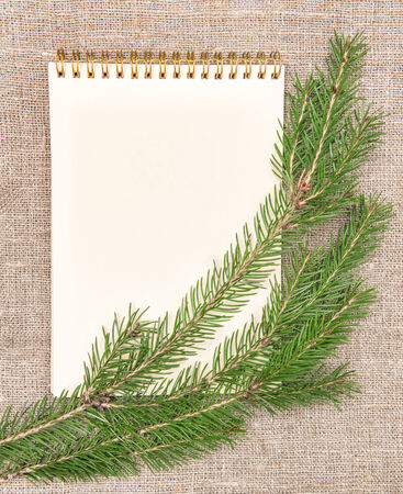 Christmas card with notebook and fir branch on burlap backgroundの写真素材
