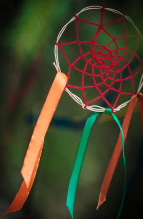 Beautiful handmade dreamcatcher in the forest outdoorの写真素材