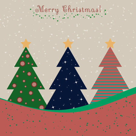 Christmas card with decorated fir trees and snowfallのイラスト素材