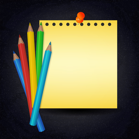 Yellow paper with push pin and colorful pencils on chalkboard backgroundのイラスト素材