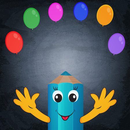 Funny cartoon pencil and colorful balloons on chalkboard background. Vector illustrationのイラスト素材
