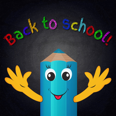 Funny cartoon pencil on chalkboard background. Back to school. Vector illustrationのイラスト素材