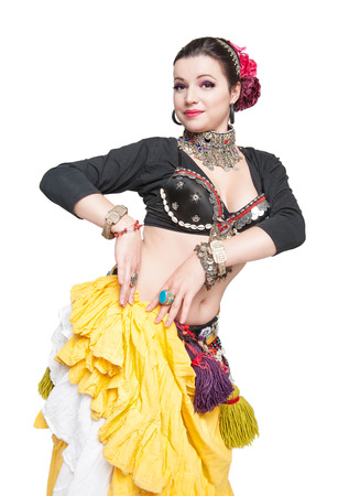 Beautiful exotic belly tribal dancer woman isolatedの写真素材