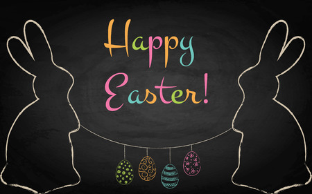 Easter background with rabbits on chalkboard. Vector illustrationのイラスト素材